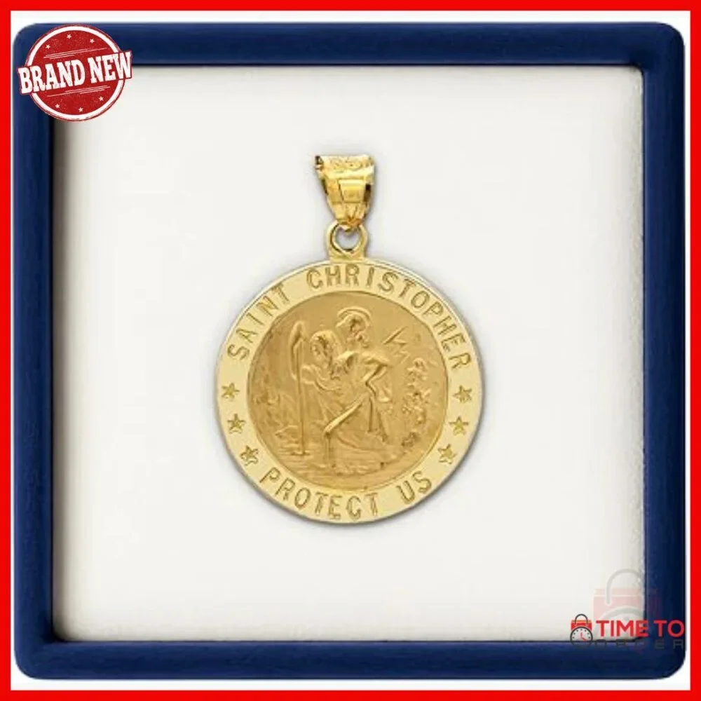 14K Gold Saint Christopher Pendant, Travel Protection Religious Jewelry